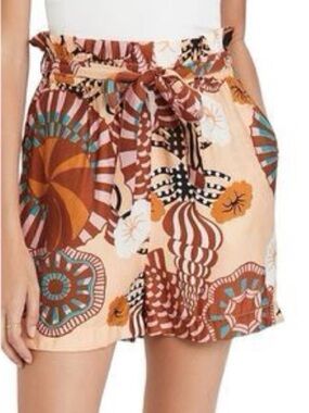 Scotch and Soda Sunray Paperbag High Waist Print Shorts L Yellow Brown Pink